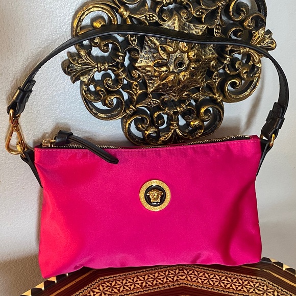 💕💖🖤💕Versace Hot Pink Flamingo Satin Nylon Pouchette Bag